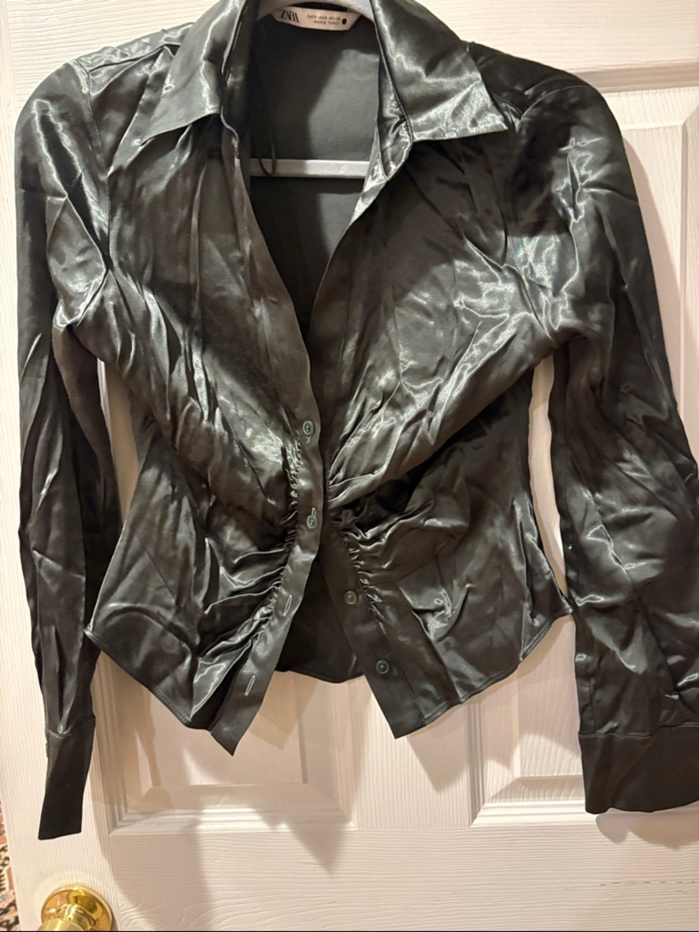 Zara Satin-Effect Olive Green Ruched Button-Front Jacket